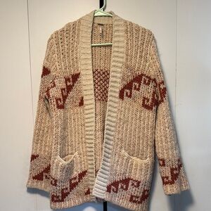 Cozy Beige and Red Patterned Cardigan